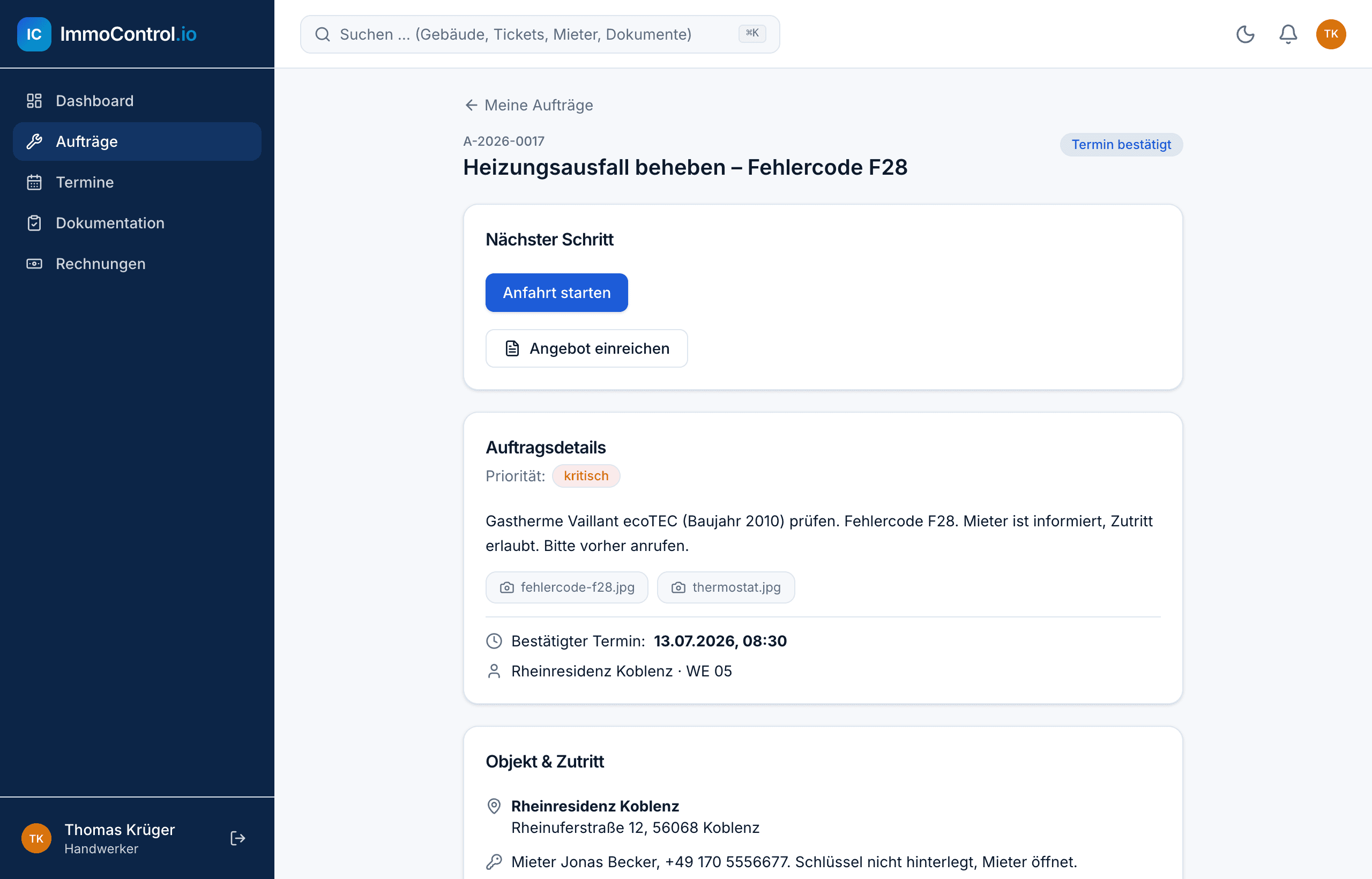 ImmoControl.io Handwerker-Auftrag mit Details, Adresse und Karte